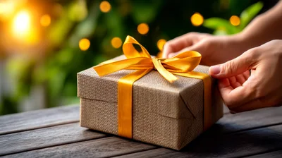 Hands Wrapping A Gift Box With Yellow Ribbon