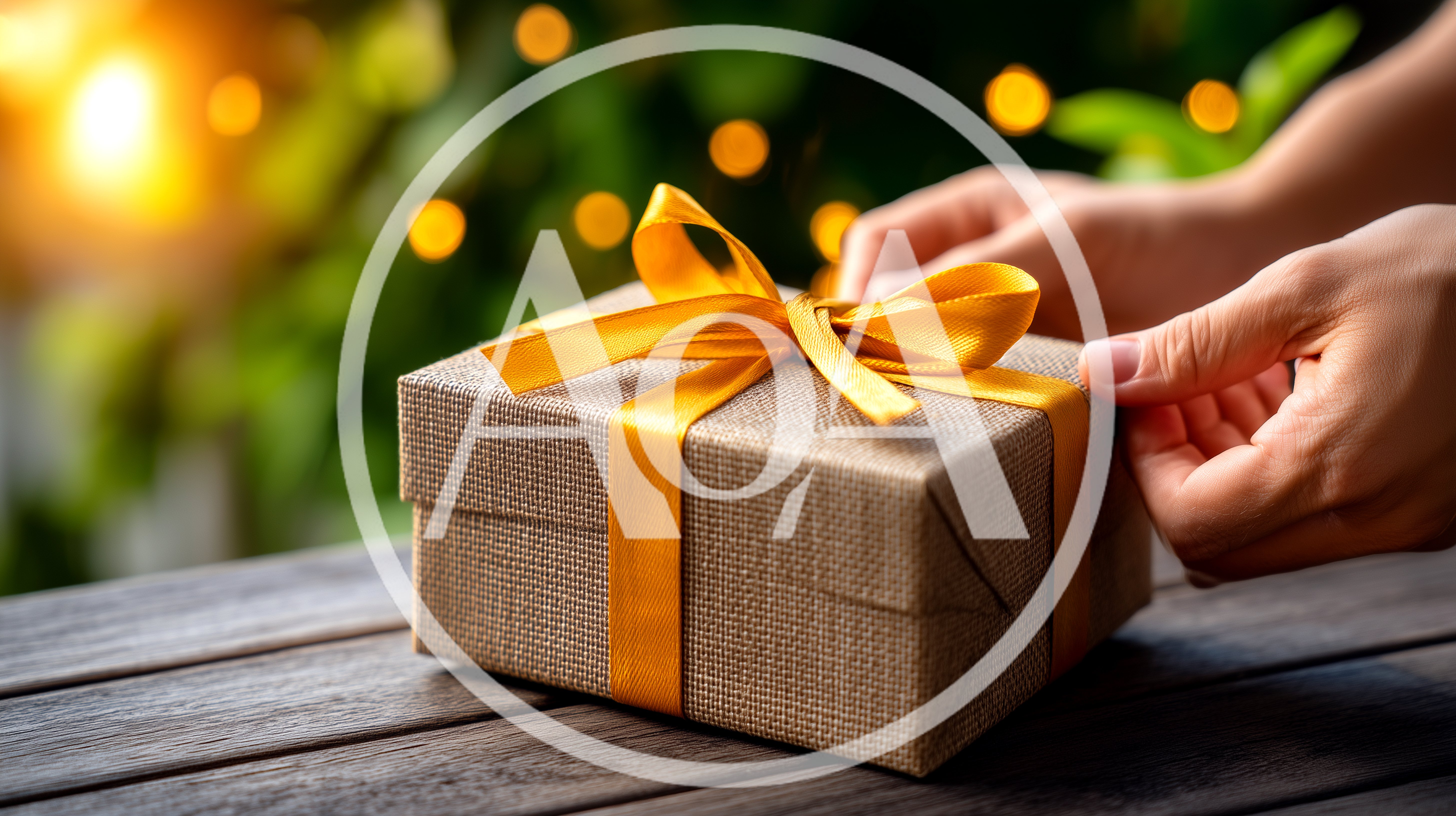 Hands Wrapping A Gift Box With Yellow Ribbon