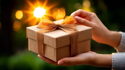 Person Holding A Gift Box With Golden Ribbon