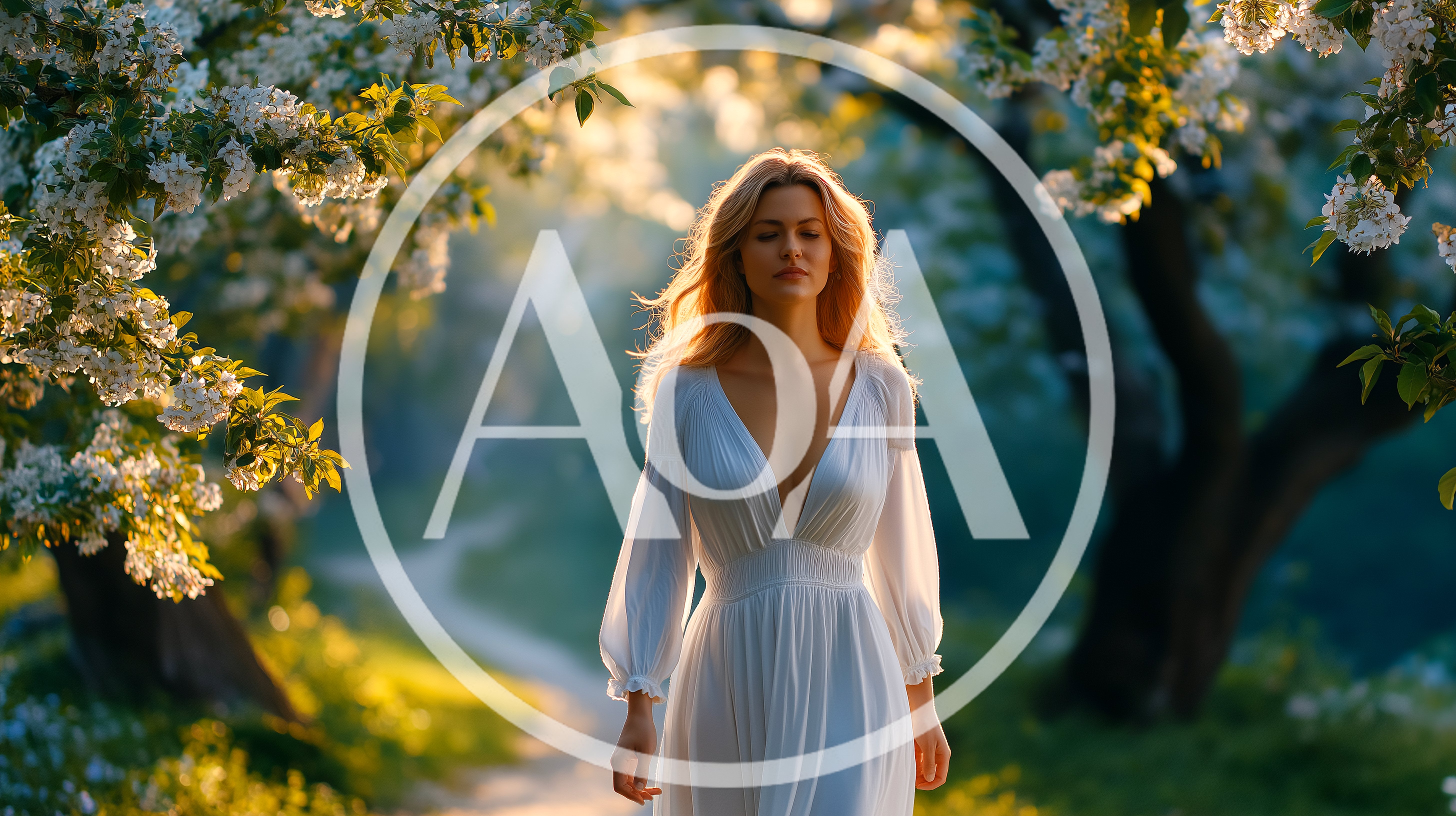 Woman In White Dress Walking Through Blooming Orchard