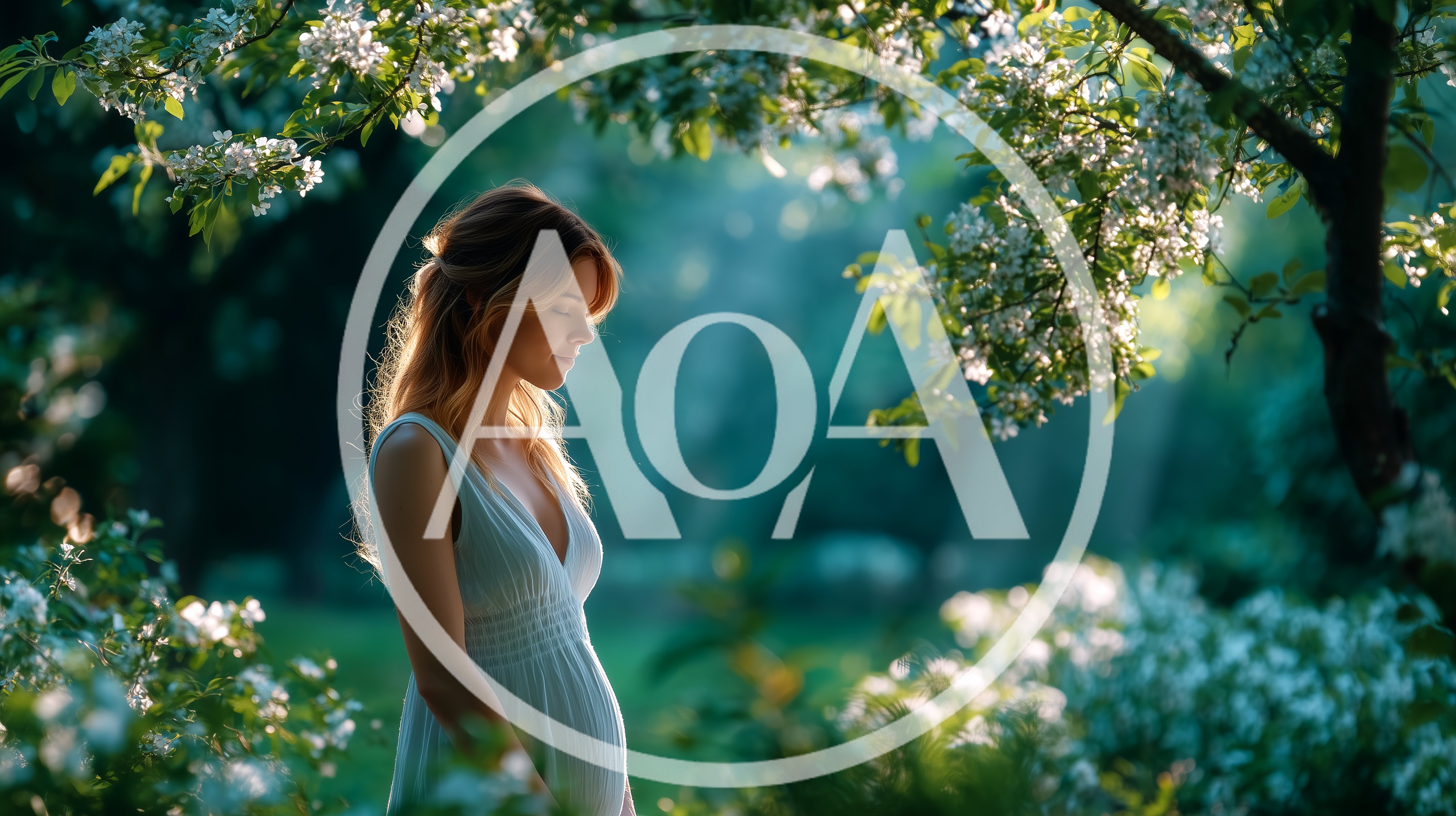 Pregnant Woman Standing In A Blooming Spring Garden