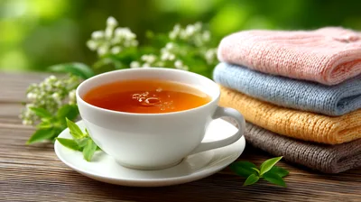 Cup Of Tea With Stacked Knitted Sweaters