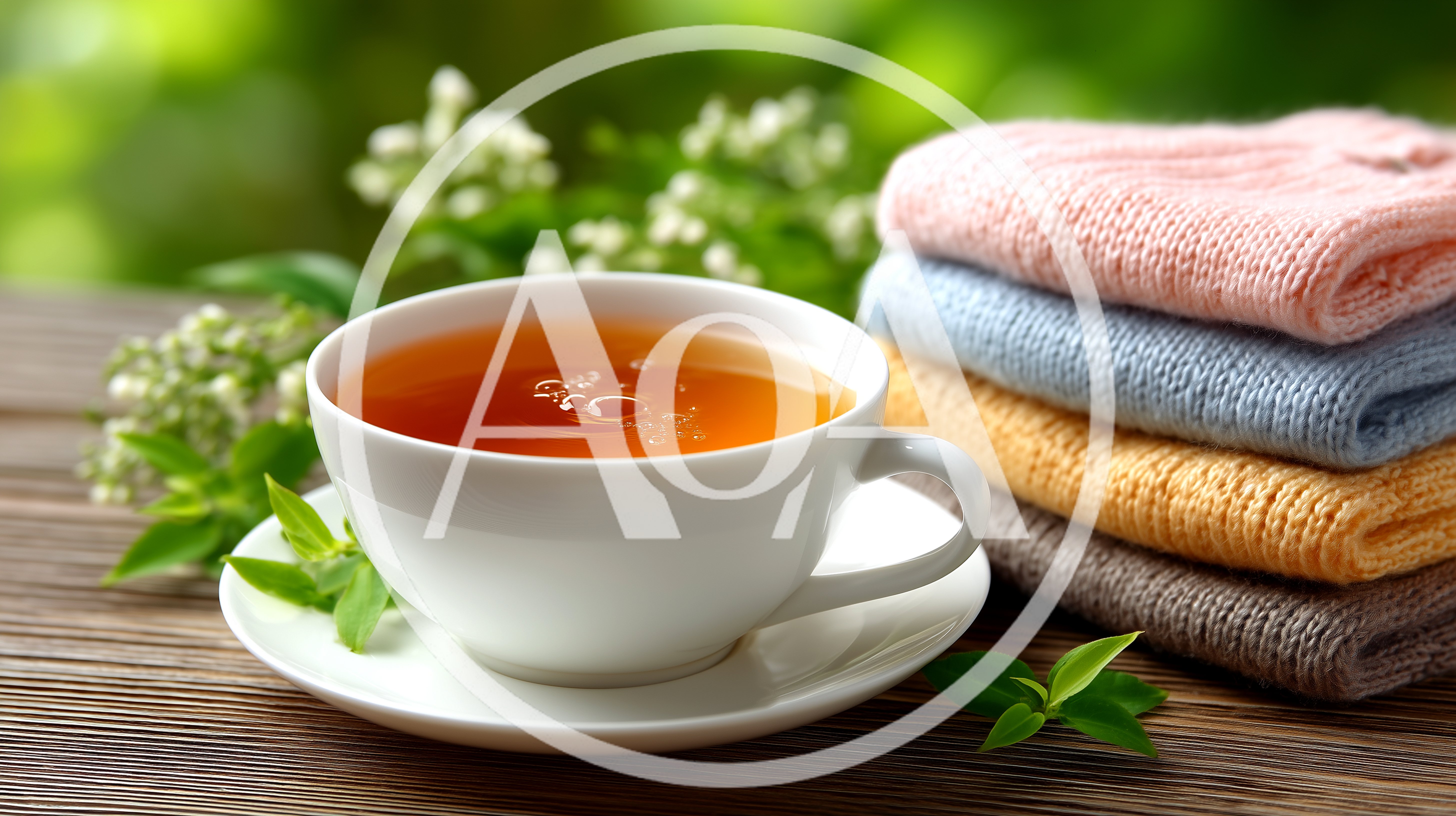 Cup Of Tea With Stacked Knitted Sweaters