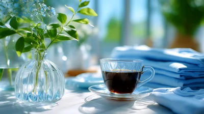 Cup Of Coffee And Flowers In A Sunny Room