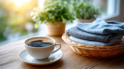 Cup Of Black Coffee And Folded Sweaters In Basket