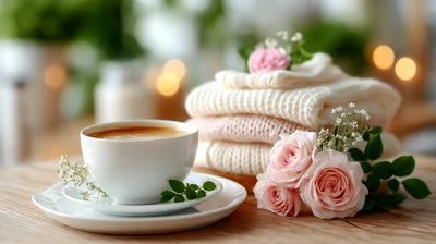 Coffee Cup With Stacked Sweaters And Pink Roses