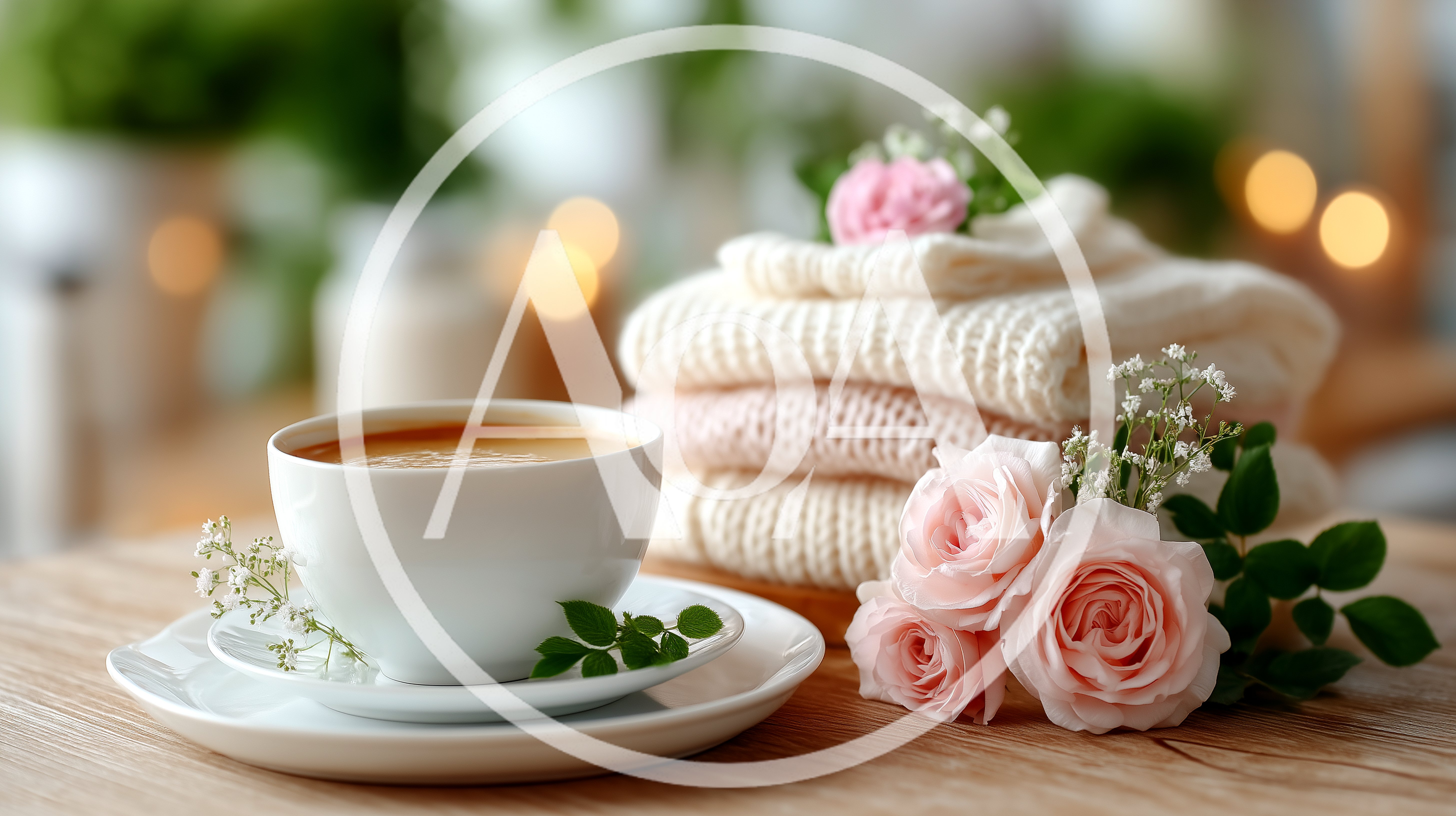 Coffee Cup With Stacked Sweaters And Pink Roses