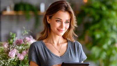 Young Woman Using Digital Tablet In Floral Shop