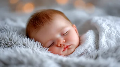 Sleeping Newborn Baby Wrapped In Soft White Blanket