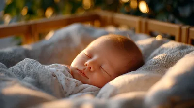 Newborn Baby Sleeping Peacefully In A Wooden Crib