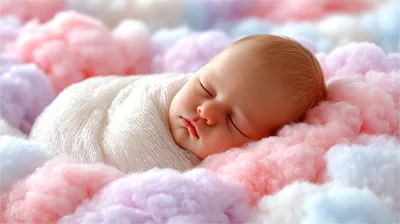 Newborn Baby Sleeping Wrapped In White Blanket