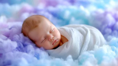 Newborn Baby Sleeping Wrapped In White Swaddle