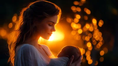 Mother Holding Newborn Baby in Golden Hour Light