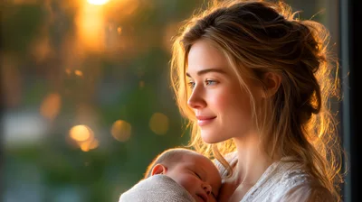 Young Mother Holding Her Newborn Baby At Sunset