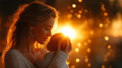 Mother Holding Her Newborn Baby At Sunset