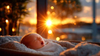 Newborn Baby Yawning In A Woven Basket At Sunset