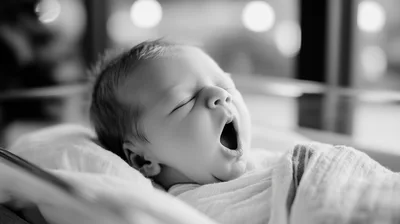 Newborn Baby Yawning While Sleeping In Hospital Bassinet