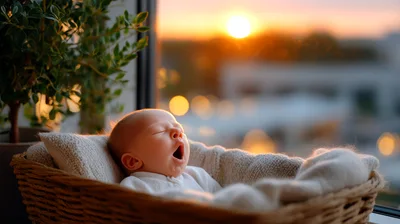 Newborn Baby Yawning In A Wicker Basket At Sunset