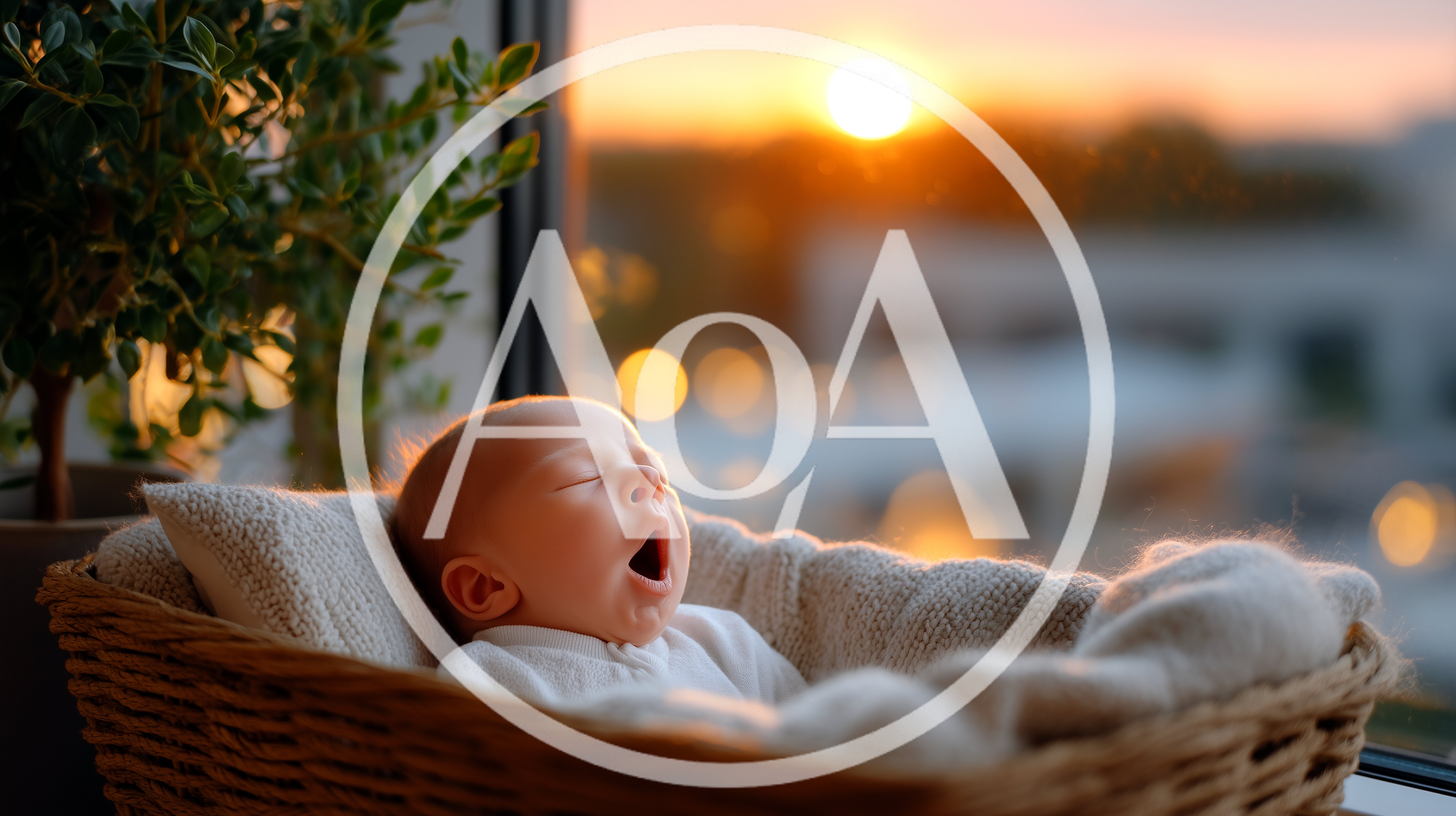 Newborn Baby Yawning In A Wicker Basket At Sunset