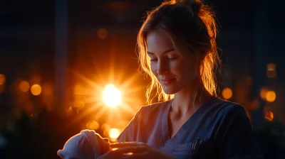 Nurse Holding Newborn Baby in Hospital at Night