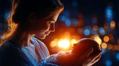 Mother Holding Her Newborn Baby At Night