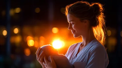 Mother Holding Newborn Baby in Warm Golden Light