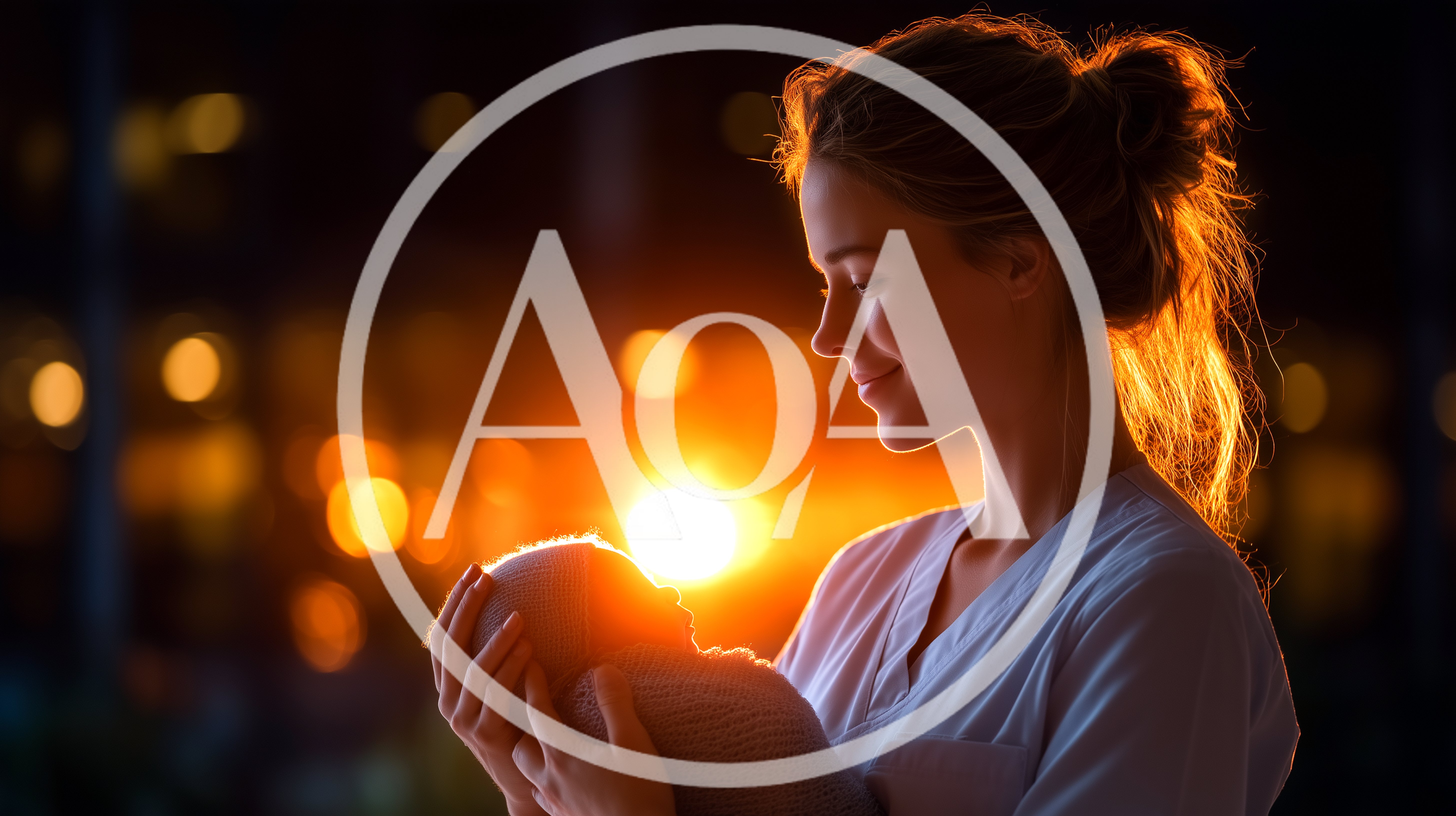 Mother Holding Newborn Baby in Warm Golden Light