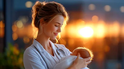 Female Pediatrician Holding Newborn Baby at Sunset