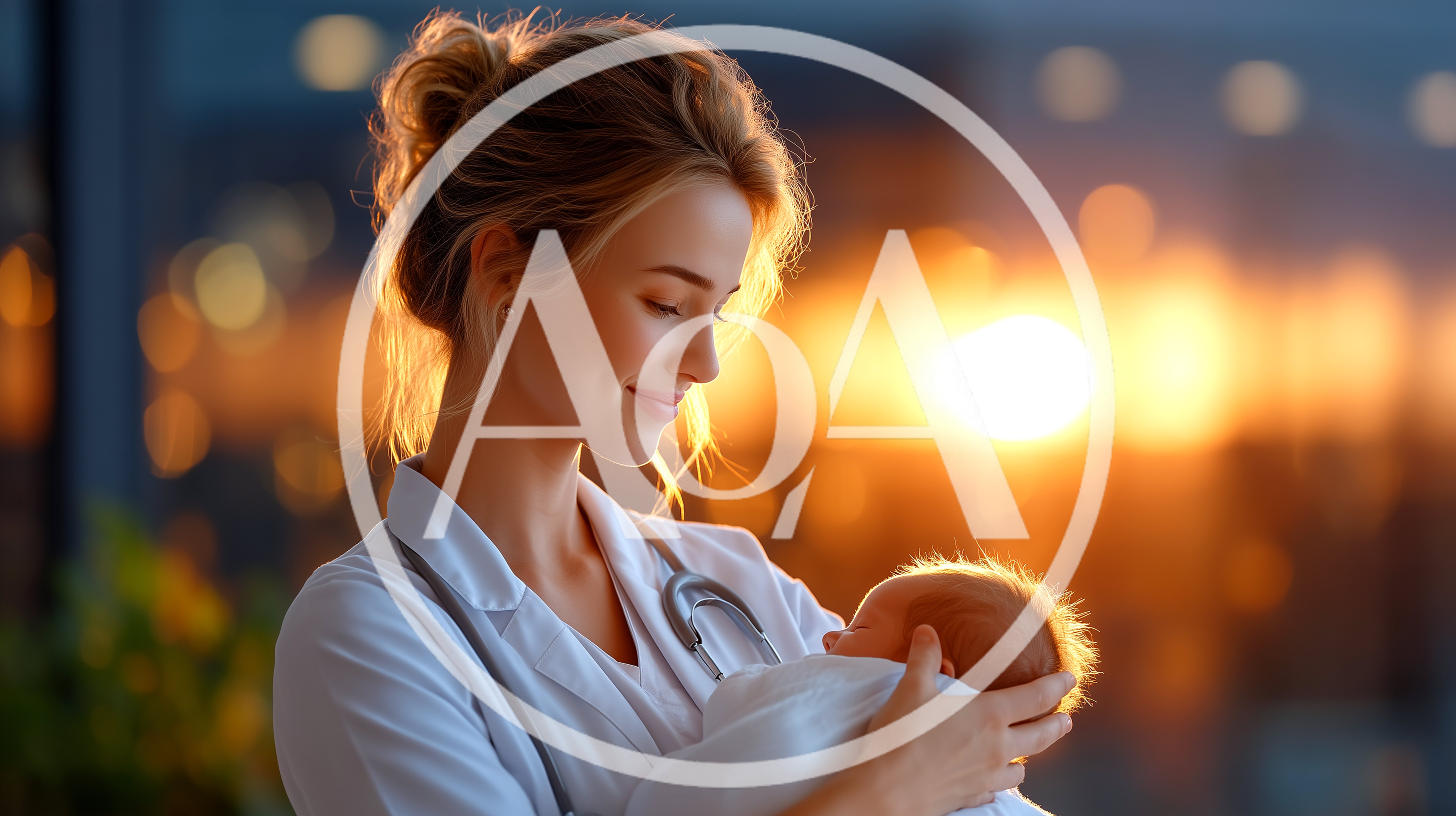 Female Pediatrician Holding Newborn Baby at Sunset