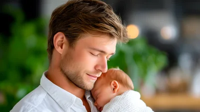 Young Father Holding His Sleeping Newborn Baby