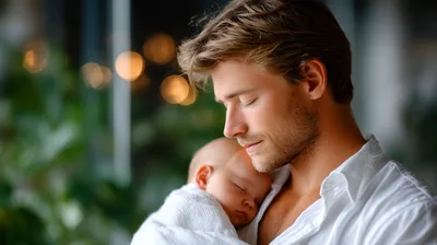 Young Father Holding His Sleeping Newborn Baby