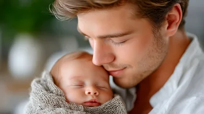 Young Father Holding His Sleeping Newborn Baby
