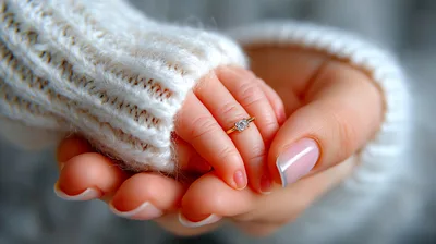 Close Up Of Adult Hands Holding Baby Hand With Ring