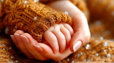 Mother Holding Newborn Baby Hand In Knitted Blanket