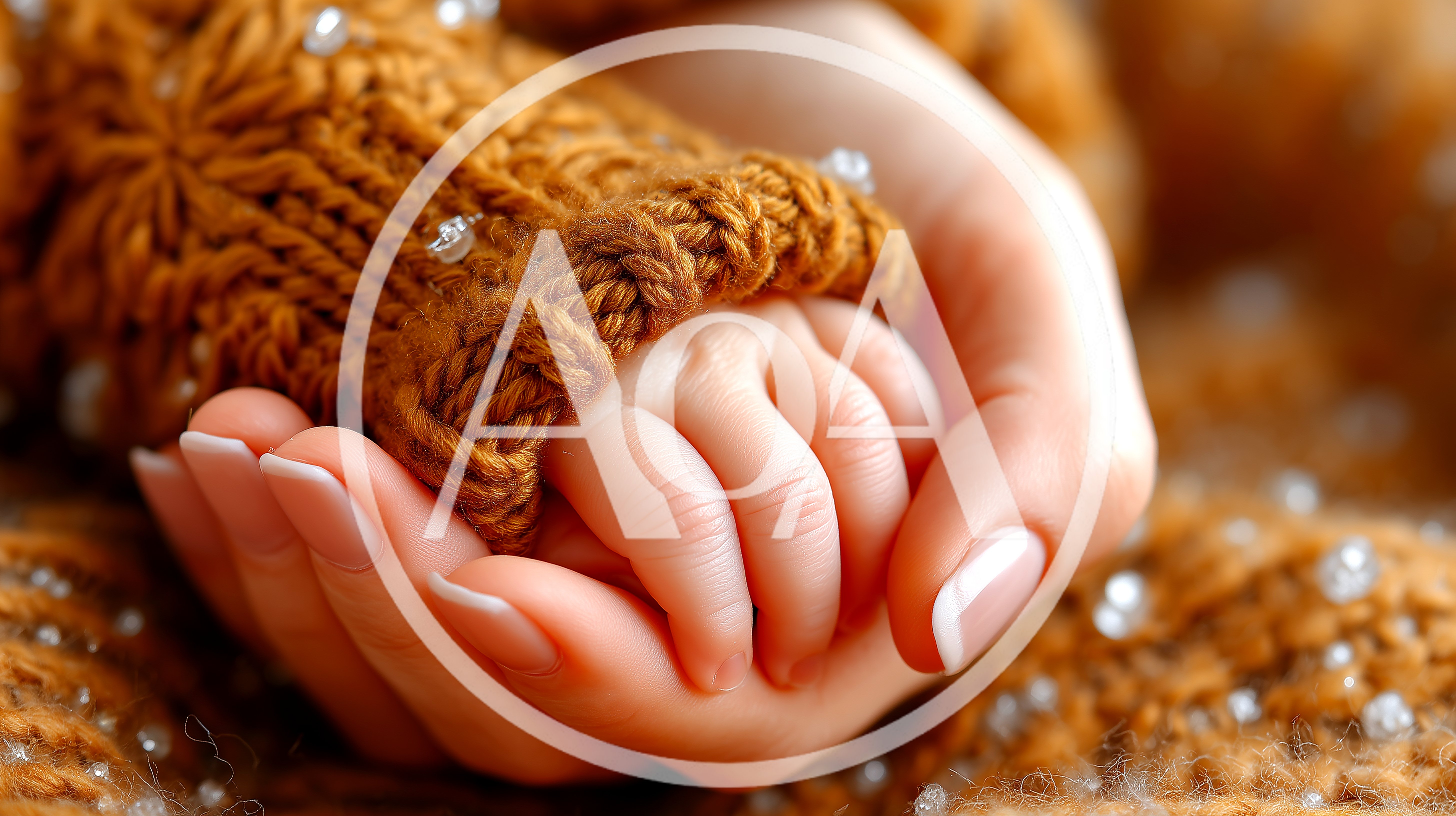 Mother Holding Newborn Baby Hand In Knitted Blanket