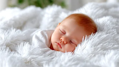 Sleeping Newborn Baby Resting On Soft White Fur