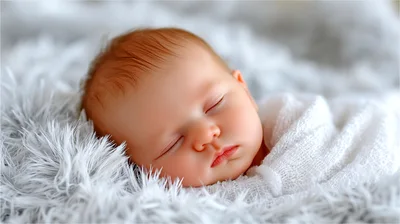 Newborn Baby Sleeping Peacefully On Soft White Fur
