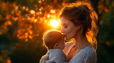 Mother Gently Kissing Her Baby At Sunset