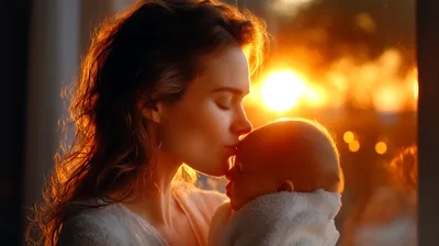 Mother Gently Kissing Her Newborn Baby At Sunset