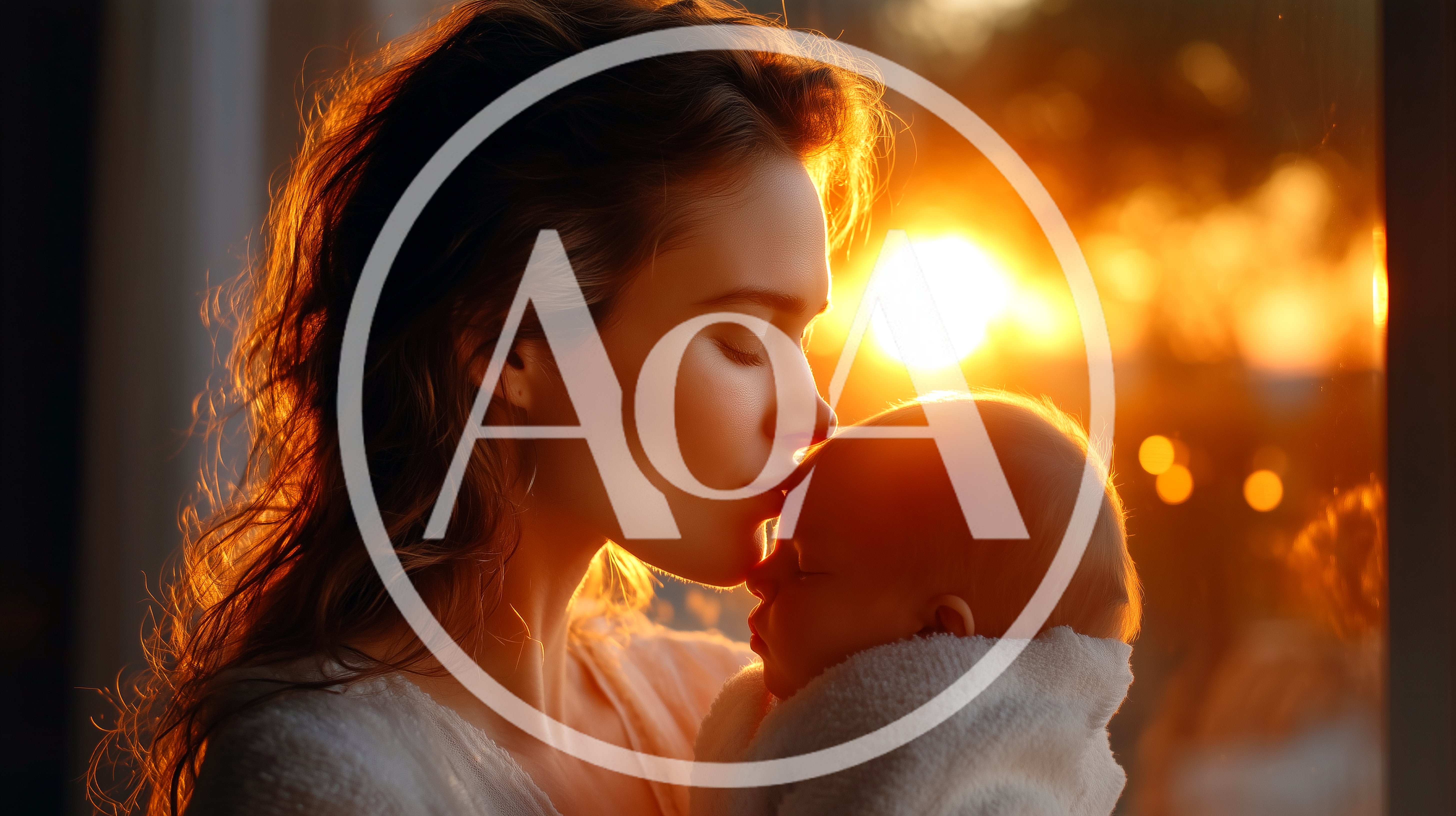Mother Gently Kissing Her Newborn Baby At Sunset