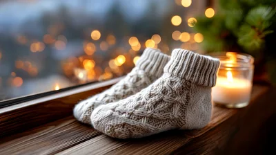 Cozy Knitted Wool Socks On A Wooden Window Sill