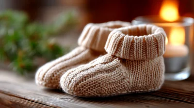 Knitted Baby Booties on Wooden Surface