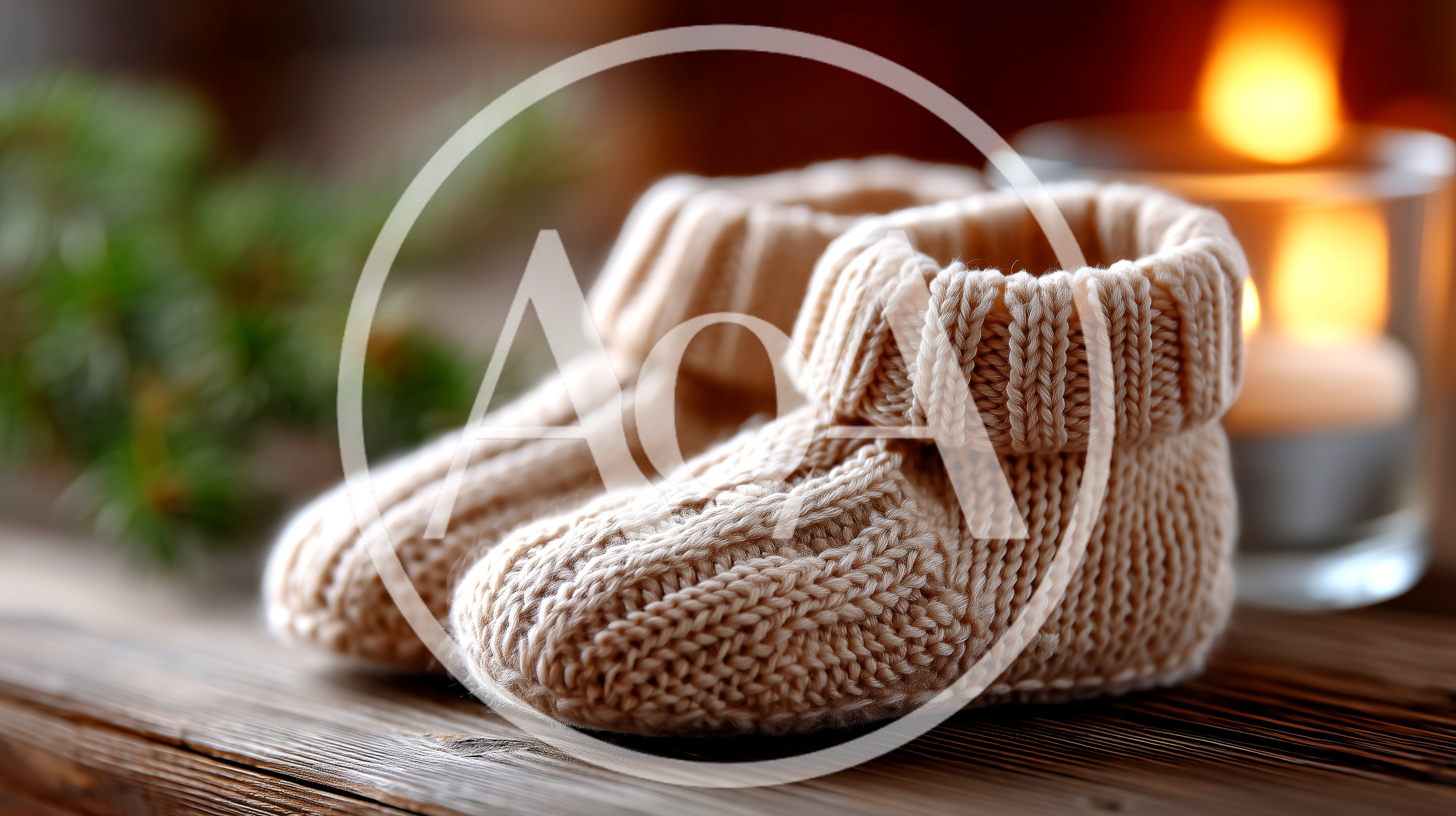Knitted Baby Booties on Wooden Surface