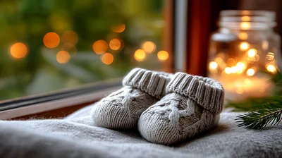 Knitted Baby Booties On A Soft Blanket
