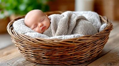 Newborn Baby Sleeping Peacefully In A Woven Basket