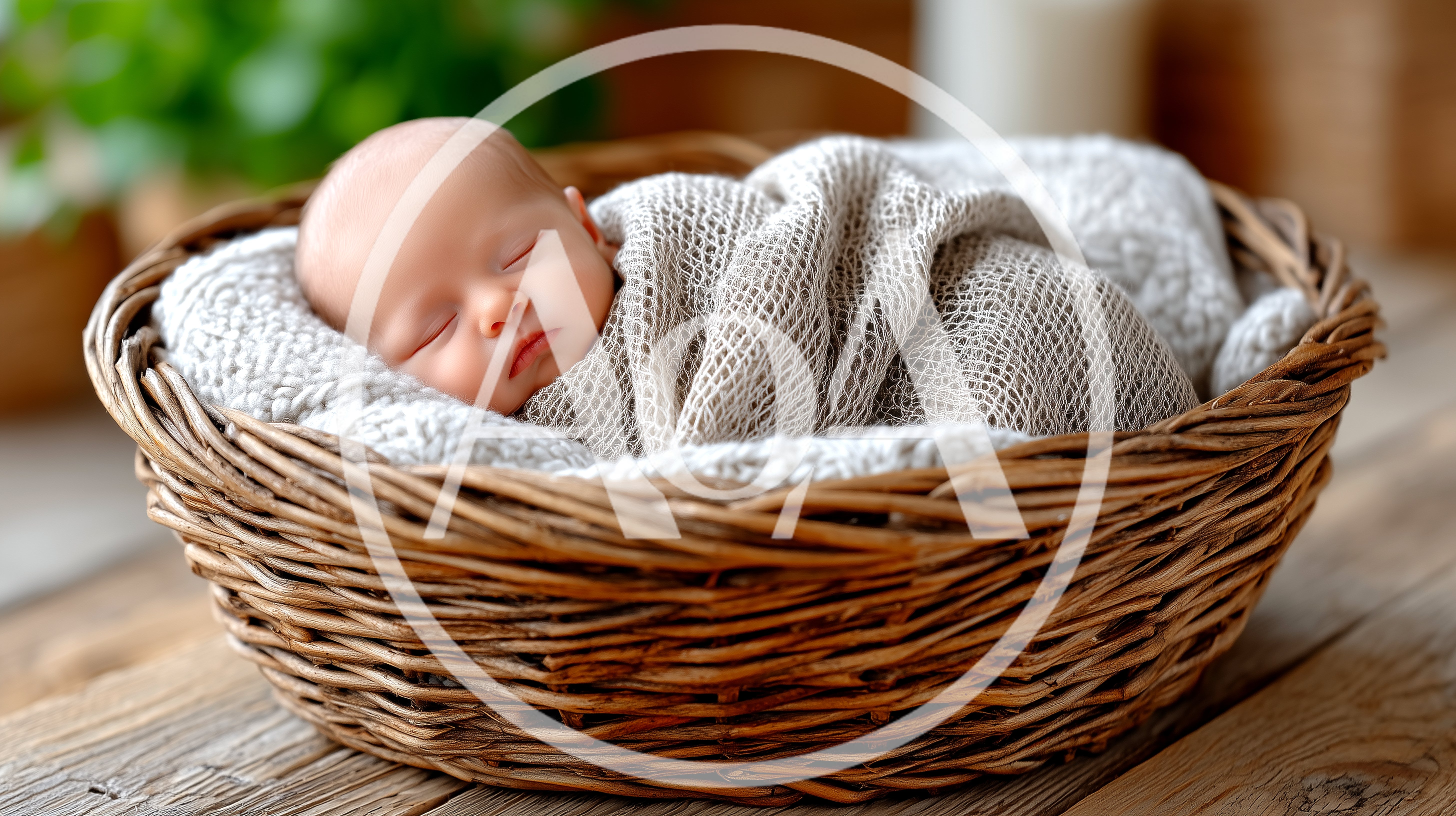 Newborn Baby Sleeping Peacefully In A Woven Basket