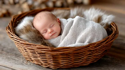 Newborn Baby Sleeping Peacefully In A Wicker Basket
