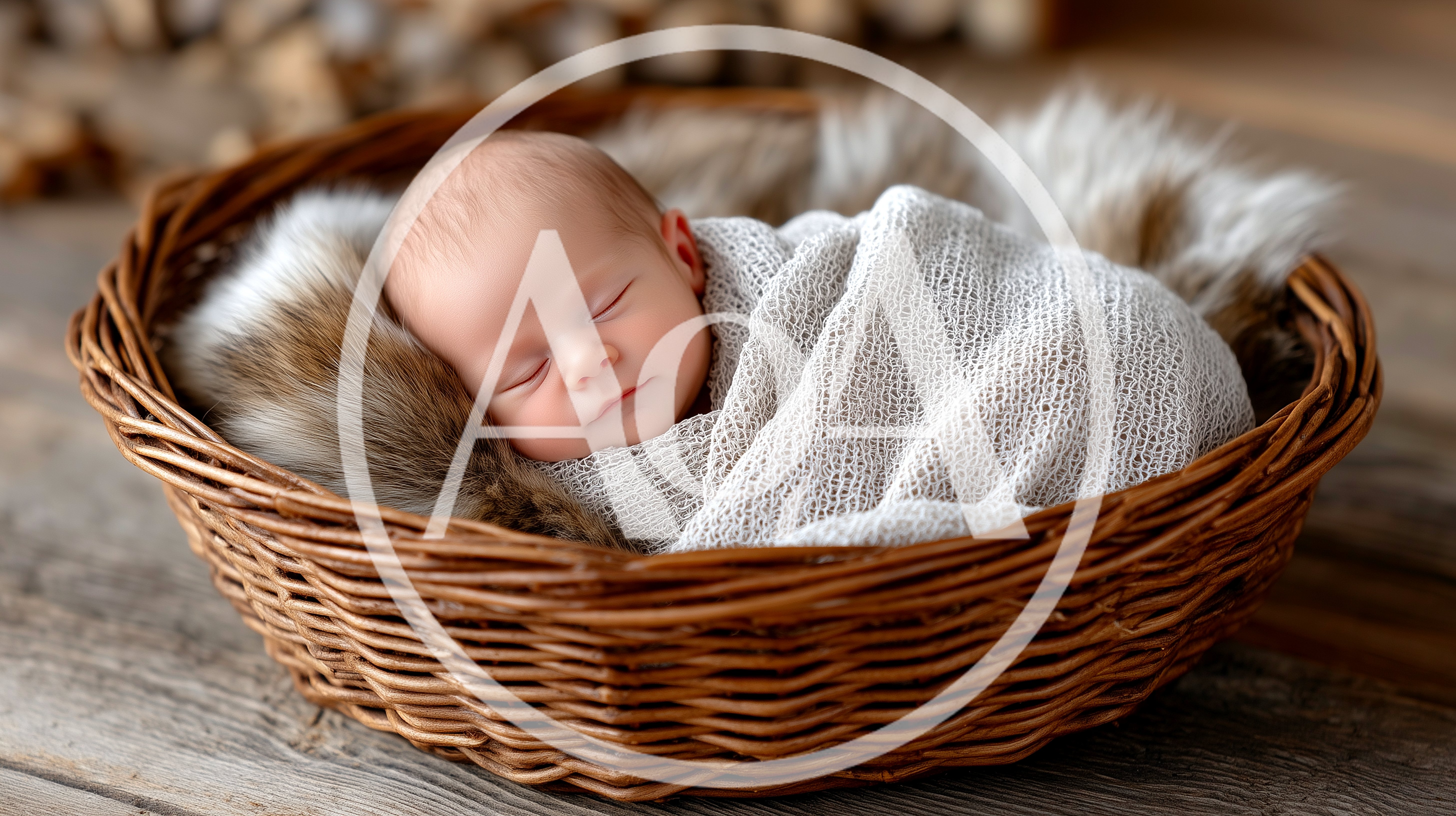 Newborn Baby Sleeping Peacefully In A Wicker Basket