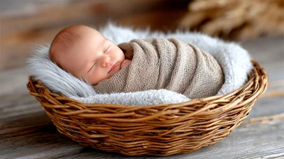 Newborn Baby Sleeping Wrapped In A Woven Basket