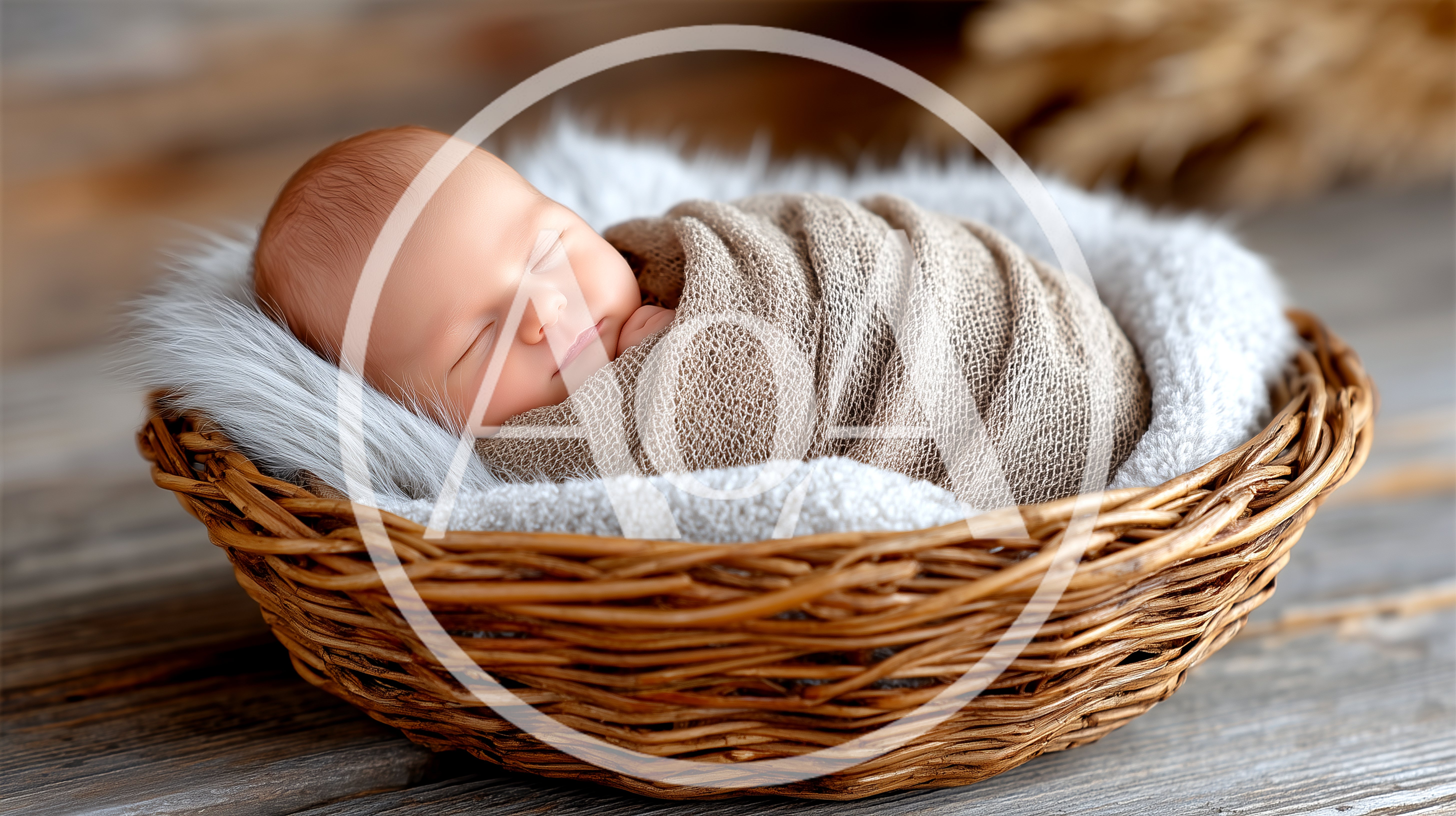 Newborn Baby Sleeping Wrapped In A Woven Basket
